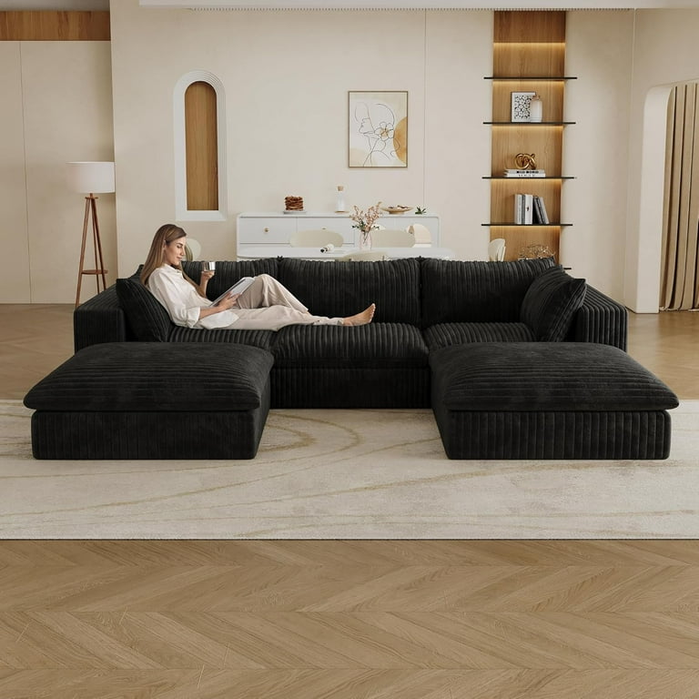 118.2" Oversized Corduroy 3-Seater Boneless Cloud Couch, Modern L-Shaped Modular Sectional Sofa with Ottoman, No Assembly Required, Compressed Couch for Living Room (Black, Ottoman)