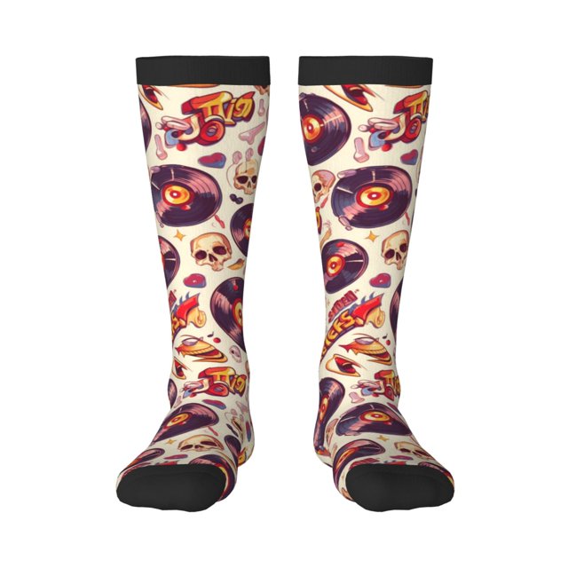 Fotbe rock music Skull record Calcetas Divertidas Estampadas para Hombre y Mujer, Calcetas de Algodón hasta la Rodilla para Caminar, Correr, Enfermería y Embarazo