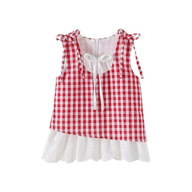 Gupgi Robe à Carreaux Florale pour Bébé Fille 0-3 Ans, Robe Sans Manches pour Tout-Petit avec Nœud à l'Avant, Robe en Dentelle à Empiècements