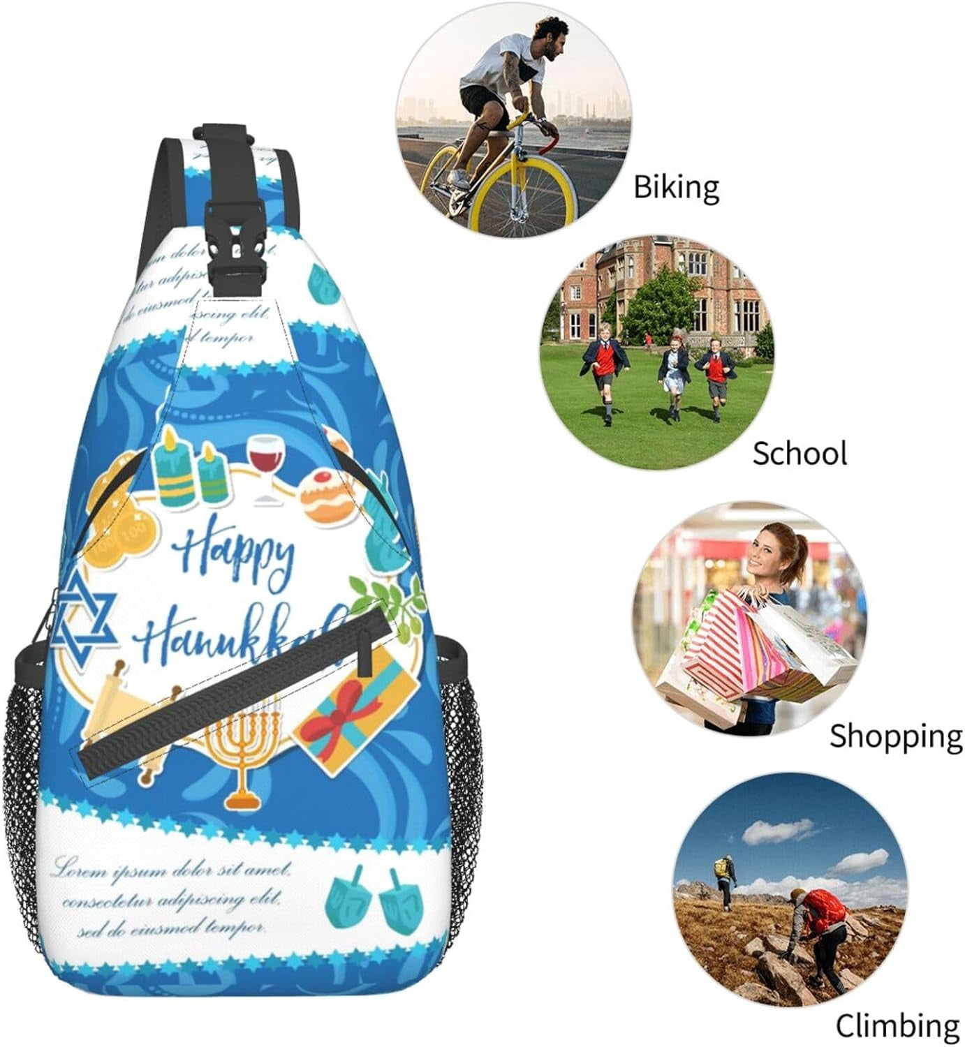 Happy Hanukkah Jewish Chanukah Holiday Sling Bag Crossbody Hiking Travel Chest Bags Backpack Shoulder Daypack for Women Men