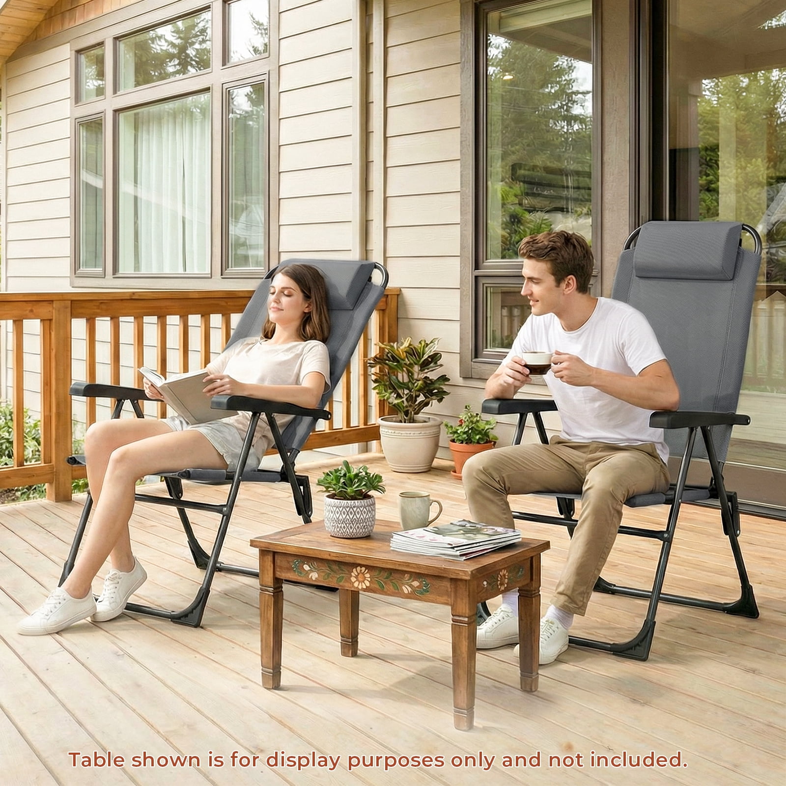 Arlopu Folding Patio Chair Set of 2, Outdoor Textilene Chair w/ 5 Level Adjustable Back for Garden Pool, 300Lbs