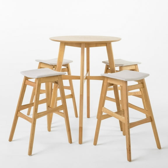 GDF Studio Hosk Light Beige Fabric/ Natural Oak Finish Circular 5 Piece Bar Height Dining Set