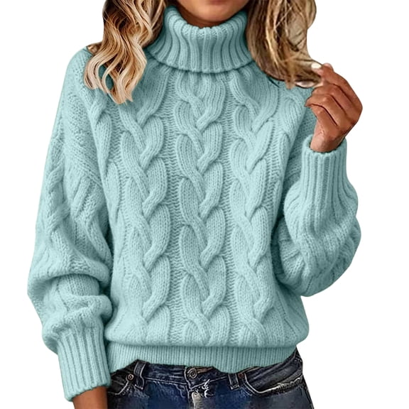 Women's Cable Knit Turtleneck Sweater, Long Sleeve Chunky Ribbed Pullover Pullover for Casual Daily Wear & Dating, Light Green, L