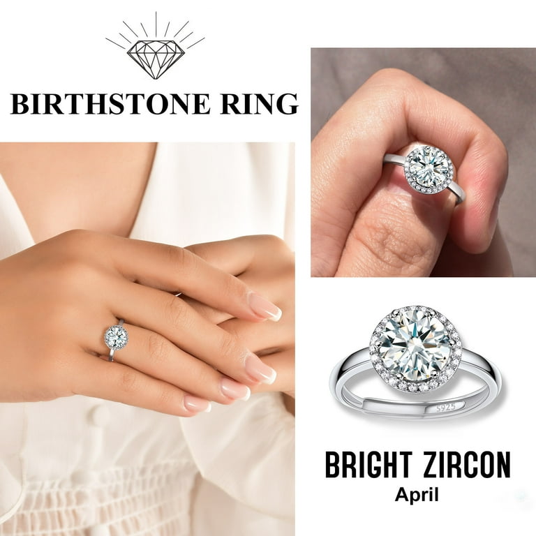 Bestyle Women Sterling Silver Rings with 2ct Round Diamond Adjsutable April Birthstone Rings Birthday Valentine Day Jewelry Gift for Her Women s