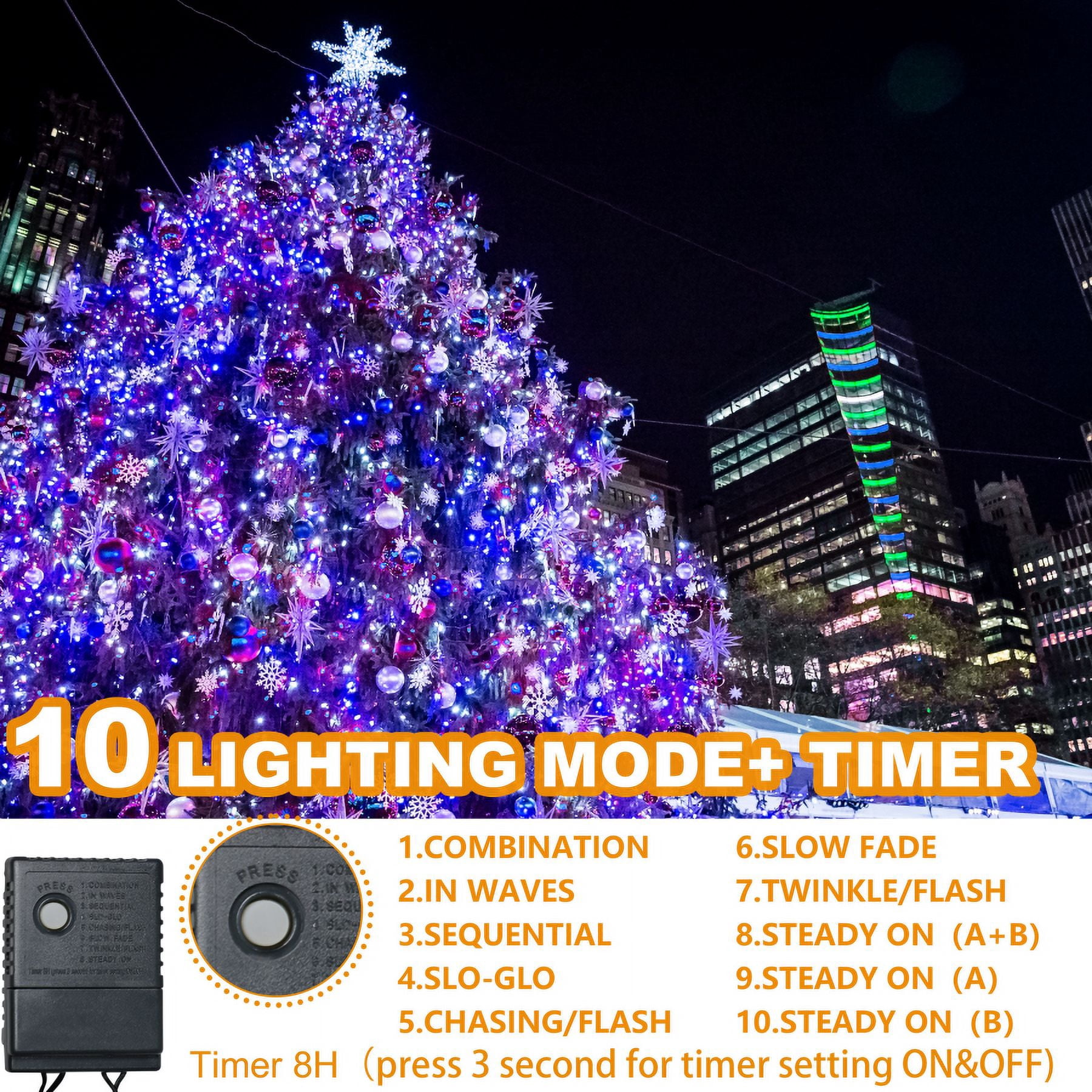750 LED String Lights Cluster Lights - 41ft Blue and White Green Wire Outdoor Waterproof Lights, Plug in Indoor String Lights with 8 Modes & Timer Memory for Xmas, Christmas Tree