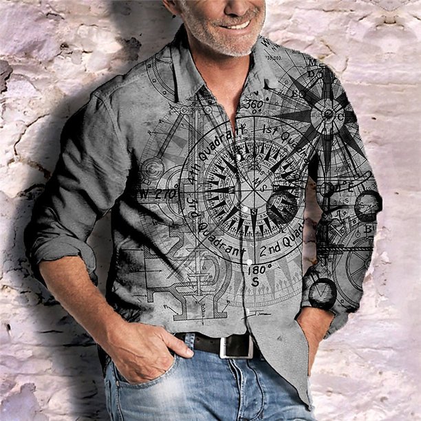 Camisa de solapa retro de moda de manga larga, informal, para exteriores, para hombre, con brújula, ruleta, patrón HD, diseño de diseñador 2024, nuevo