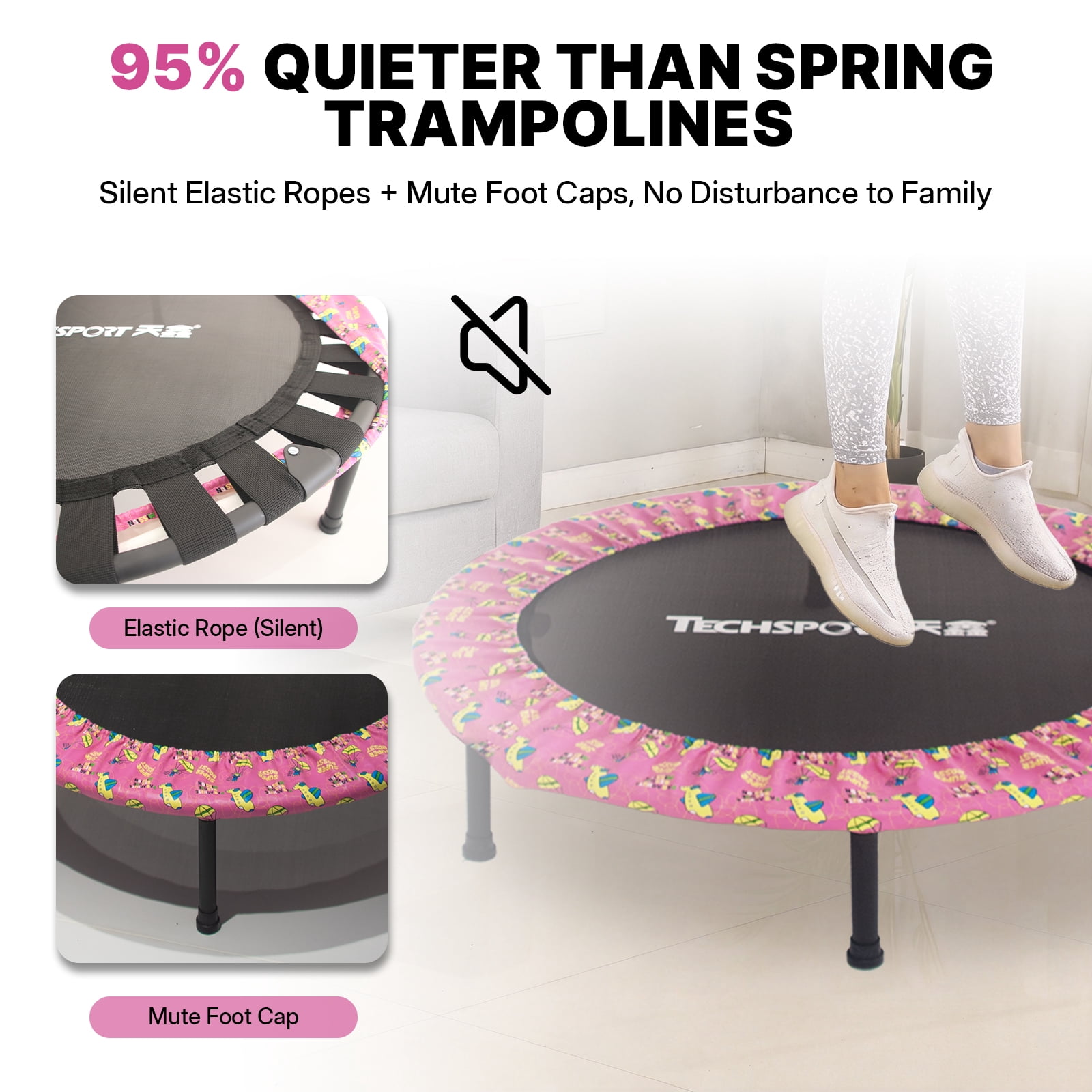 36 Inch Fitness Trampoline with HA-Type Handlebar – Quiet Mini Trampoline with Silent Elastic Ropes, 10-Minute Fat Burning Cardio Workout at Home, Easy Assembly, Pink