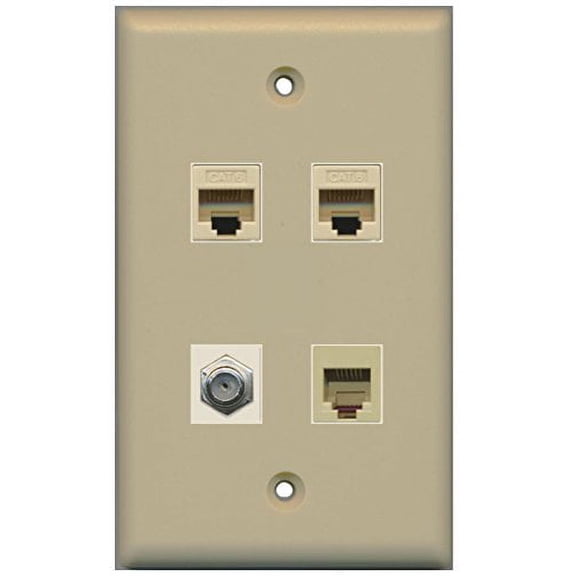 RiteAV 1 Port Coax Cable TV- F-Type and 1 Port Phone RJ11 RJ12 Beige 2 Port Cat6 Ethernet Wall Plate - Ivory