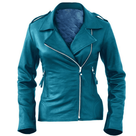 NOORA Womens Lambskin Leather Navy Blue Biker Jacket With Zipper