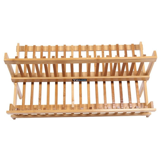 Égouttoir à Vaisselle Pliable à 2 Niveaux en Bois avec Design Gain de Place pour Assiettes, Tasses