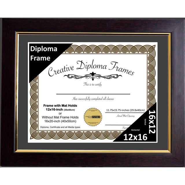 Creative Picture Frames 12x16 Mahogany Diploma Frame with Gold Rim Including Black Mat Glass and Installed Wall Hangers | Frame Holds 16x20 Media without Mat