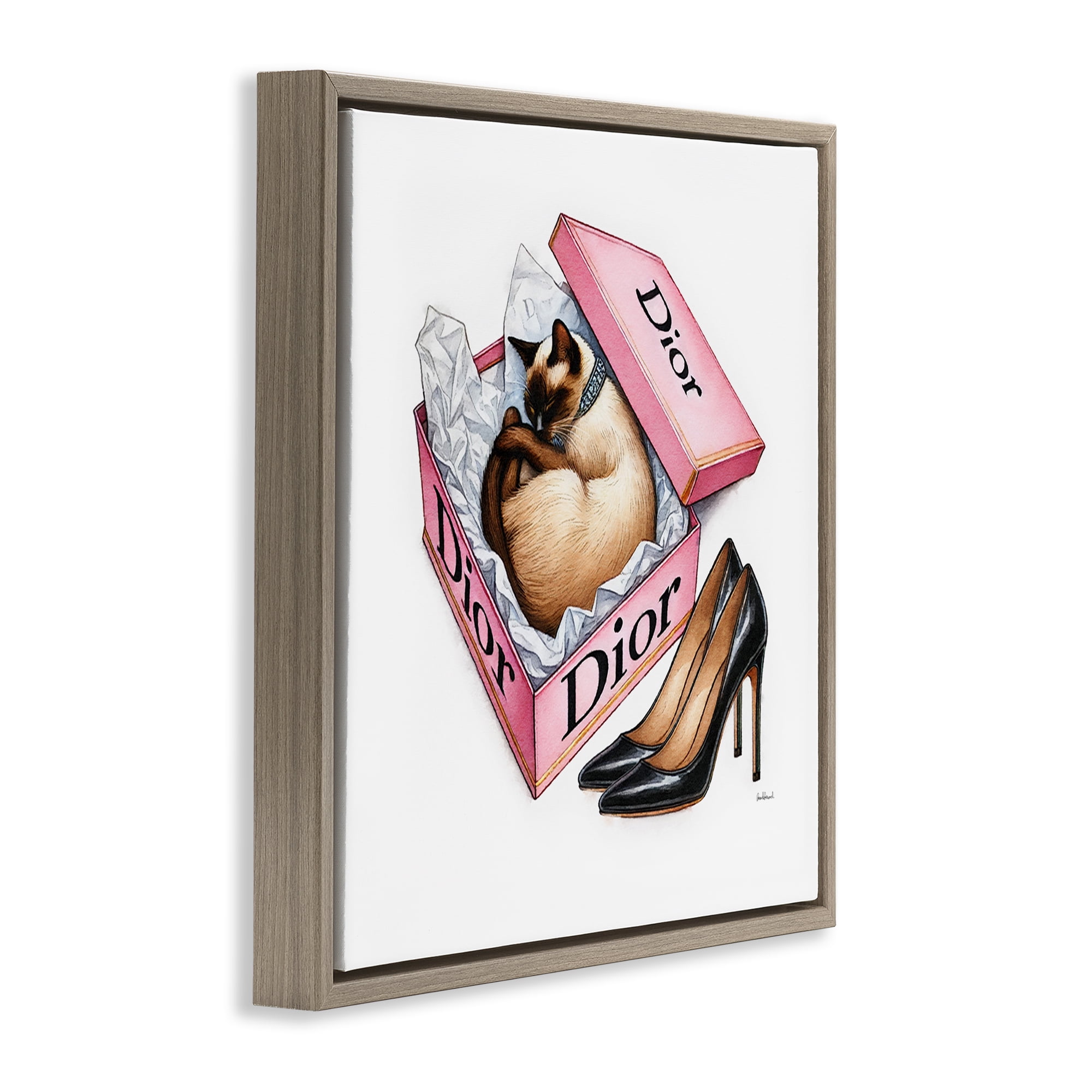 Stupell Industries Pink Shoebox with Cat Animals Painting Brown Floater Framed Canvas Art Print Wall Art, 18 x 18