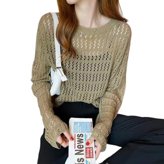 XISAOK Hollow Out Sweater Crewneck Elegant Long Sleeve See Through Knitted Tops Y2K