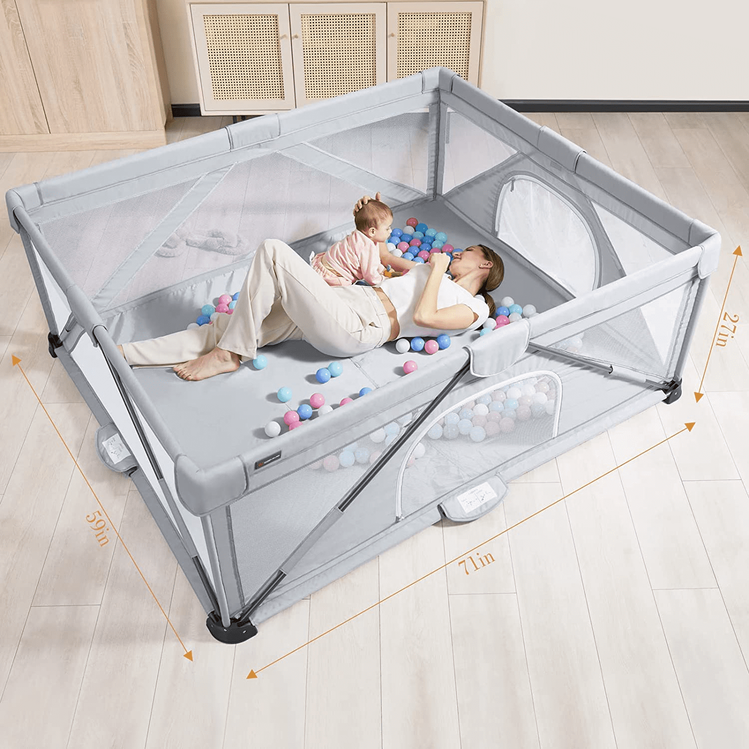Yobear Baby Playpen, Foldable Playpen for Babies and Toddlers, Indoor & Outdoor Baby Activity Center with Visible Breathable Mesh, Portable Play Yard with 2 Handlers+50 Balls-50”×50”(Grey)