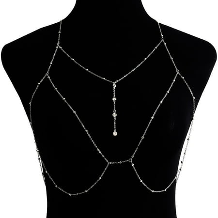 Joefnel Exquisite Rhinestone Silver Chain Bra with Layered Body Jewelry - Stunning Crystal Waist Chain and Beaded Body Accessory for Women - Elegant and Seductive Body Chain Jewelry