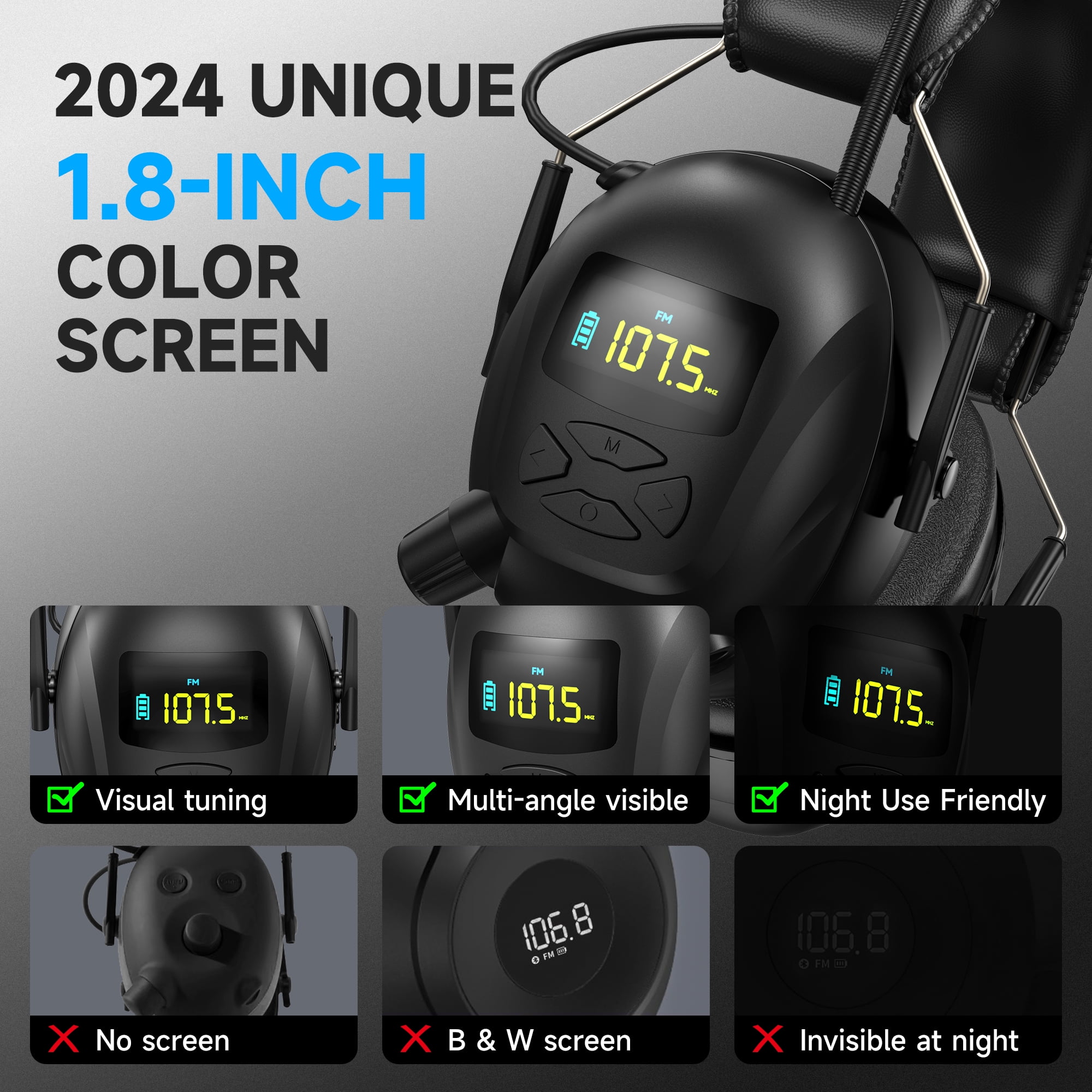 Bluetooth AM FM Radio Headphones with Color Digital Display, 2000mAh Rechargeable Bluetooth 5.4 Hearing Protection, 30dB Safety Earmuffs Ear Protection for Mowing, Work - Black