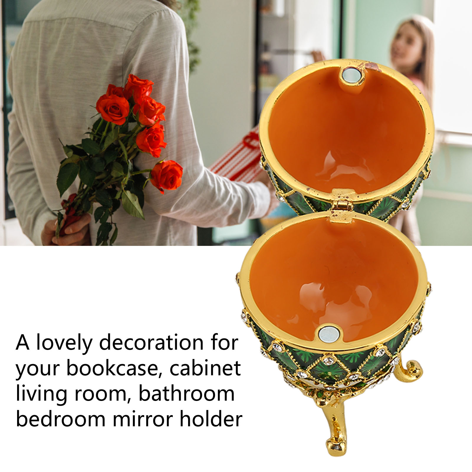Furuida Easter Egg Enamel Jewelry Box With Diamond Flowers - Blue Hinged Trinket Box For Home Decor & Gifts