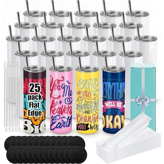 25 Pack Sublimation Tumblers 20 oz Bulk Blank Tumblers Skinny Straight Flat Edge Cups White with Lid and Straw for Heat Press