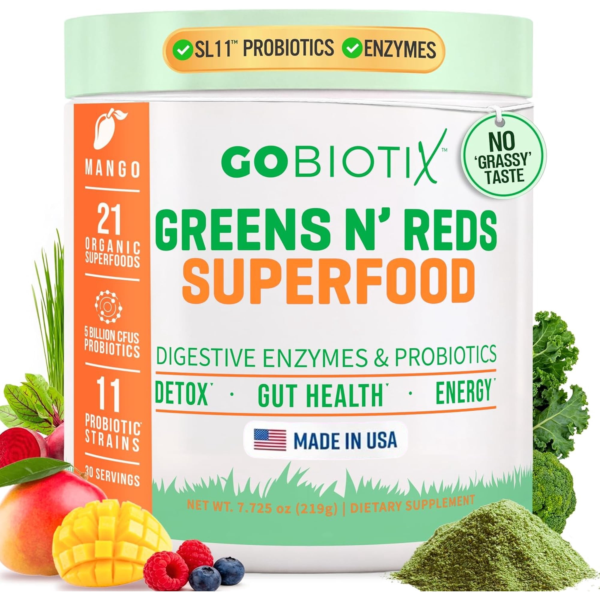 GoBiotix Super Greens & Reds Organic Super Greens Powder with Probiotics for Digestion, 30 Servings, Mango Flavor