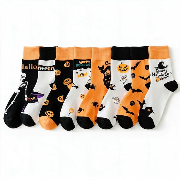 8 Pairs Halloween Pumpkin Print Crew Socks, Spooky Ghost Bat Skeleton Cat Pattern Plus Size Unisex Couples Mid Calf Socks, Casual Sports Long Socks For Autumn Winter Party Daily Wear