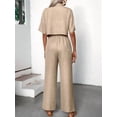 thumbnail image 6 of Women'S Casual 2 Piece Set V-Neck Short-Sleeved Tops Straight Wide Leg Pants Outfit Khaki S, 6 of 9