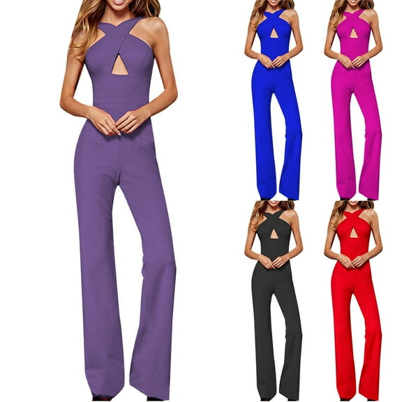 safuny Women's Slim Elegant Jumpsuits Wide Leg Pants Solid Color Sleeveless Halter Neck Trendy Trousers Casual Wedding Party Girls Holiday Teen Black S