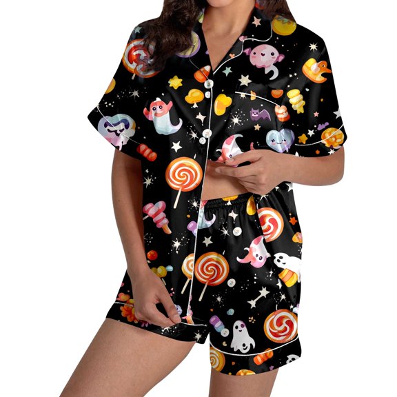 CONZONE Halloween Womens Pajamas Set Printed Short Sleeve Button Down Tops and Shorts Hallowmas Sleepwear Cozy 2 Piece Pjs Set for Women