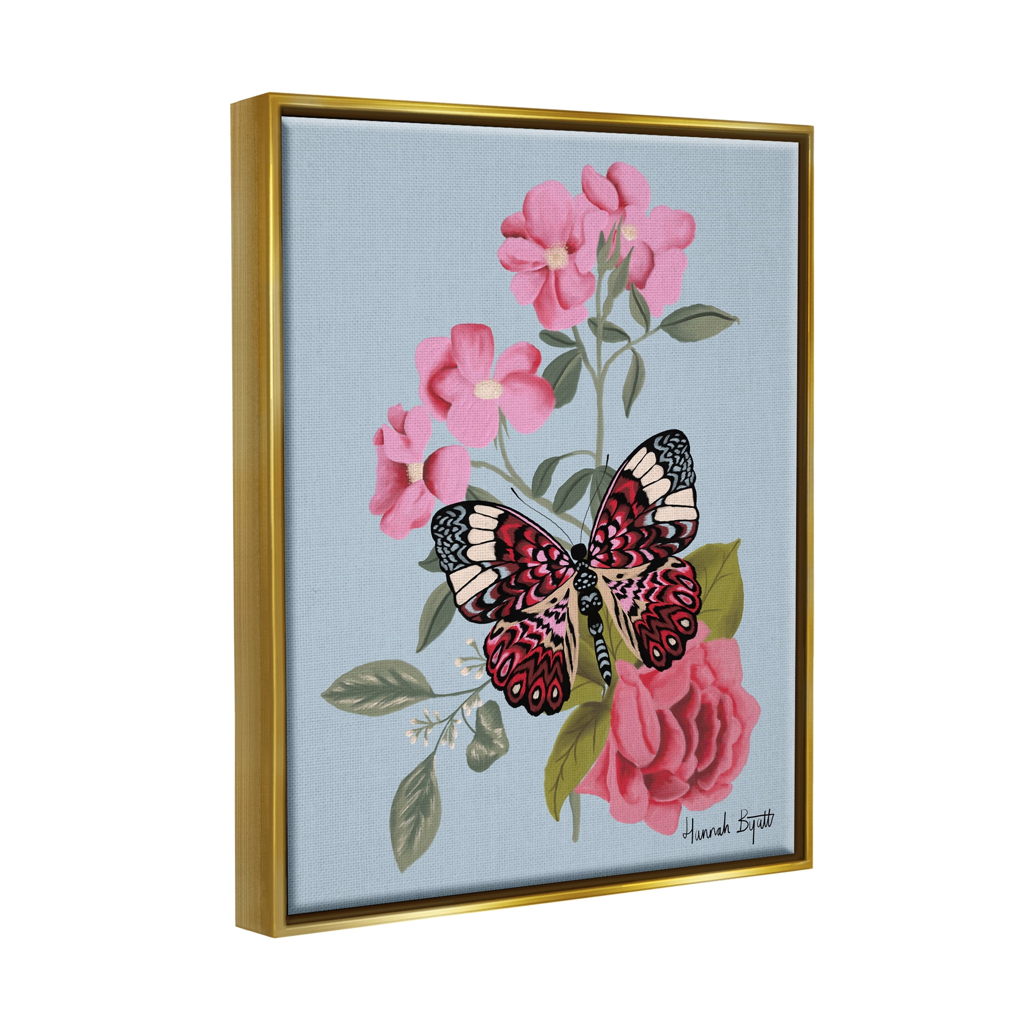 Stupell Industries Pink Floral Butterfly Animals & Insects Painting Gold Floater Framed Art Print Wall Art, 17 x 21