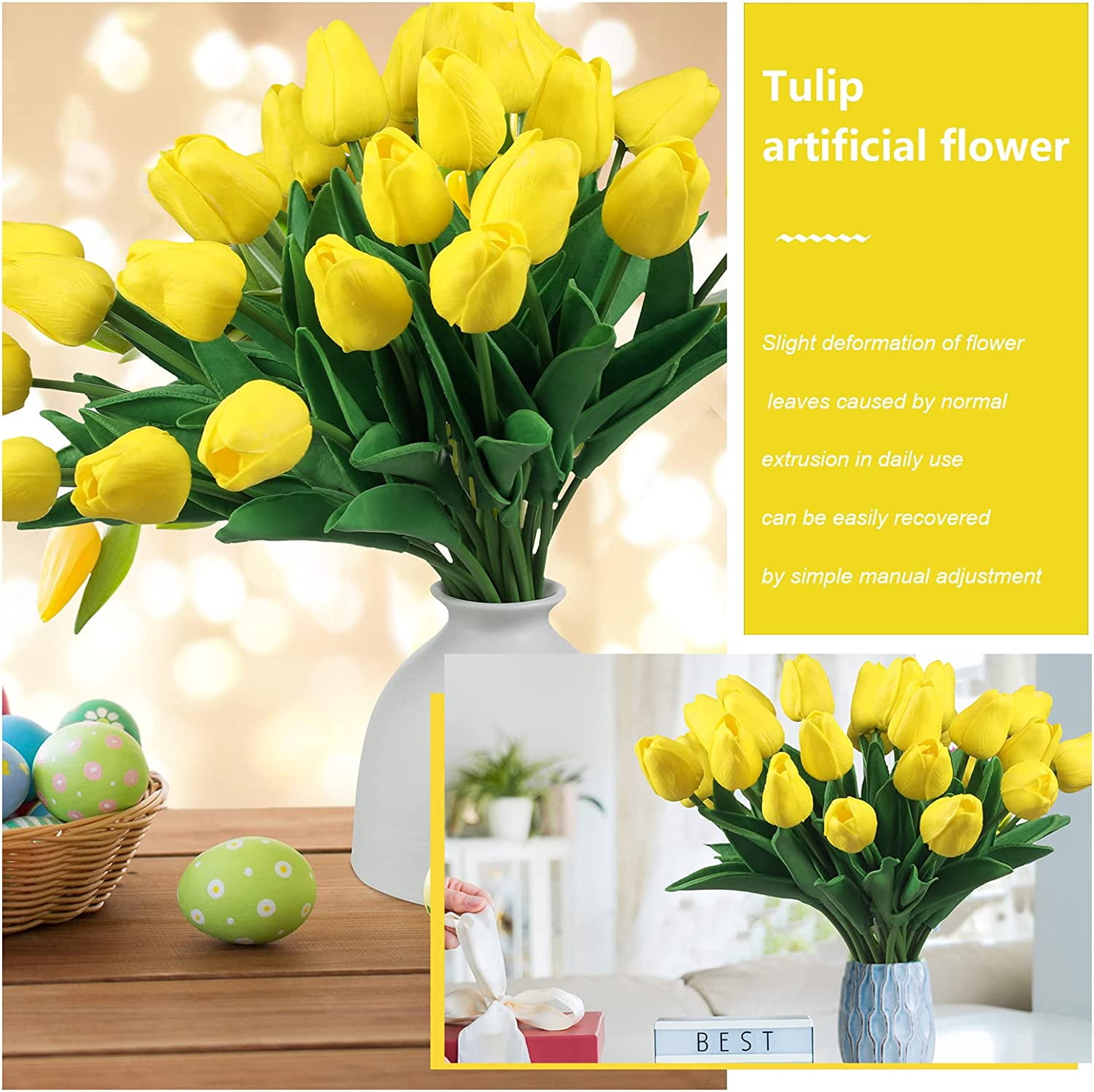 50 Pcs Tulips Artificial Tulips Flowers PU Fake Tulips 13 Inch Faux Flowers Cemetery Flowers for Easter Spring Home Room Office Party Wedding Decoration Bouquet Centerpiece (Yellow)