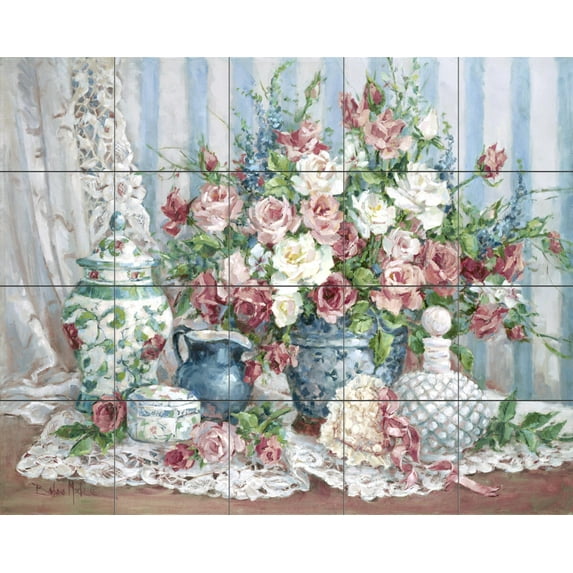 Tile Mural Kitchen Backsplash - Roses and Romance - by Barbara Mock