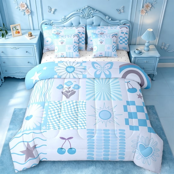 jejeloiu Kawaii Patchwork 7 Pieces Full Size Bedding Sets For Girls,Pastel Print Full Size Bed in a Bag,Blue White,Reversible
