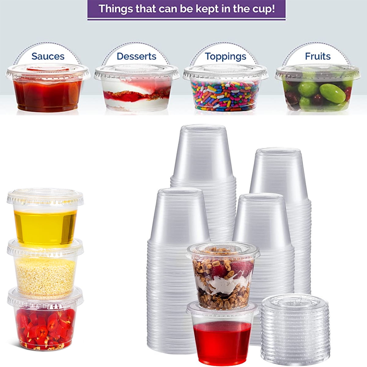 Disposable plastic cup with lid, souffle cup, jelly cup, food preparation container [1 set 2