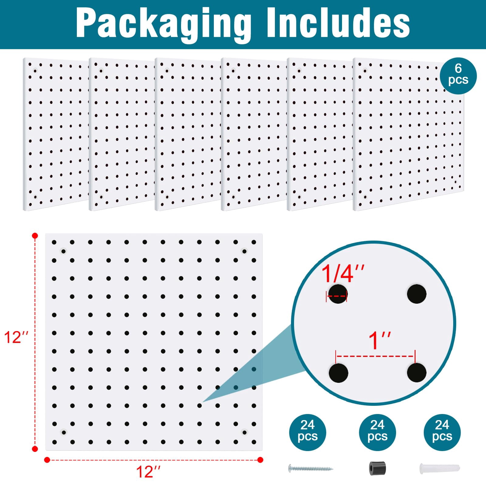 6-Pack Steel Pegboard with 106 Hooks Bins & Locks - Complete Wall Organization Kit 12x12 Inch