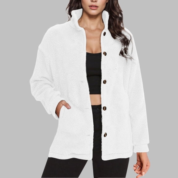 Timegard Winter Coats for Women Stand Collar Button down Fuzzy Fleece Warm Casual Solid Color Outwear