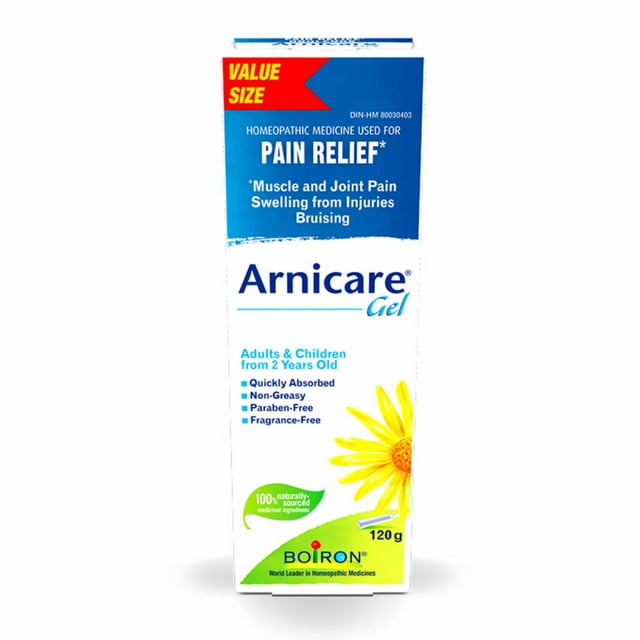 Boiron Arnicare Gel – Homeopathic Medicine for Muscle Pain, Joint Pain, Bruises & Inflammation Relief – Value Size 120g. The packaging highlights its quick-absorbing, non-greasy formula made with 100% naturally-sourced medicinal ingredients, including Arnica montana. Suitable for adults and children 2 years and older, it is paraben-free and fragrance-free, offering targeted relief for bruises, swelling, and pain. A natural health product for external use only.