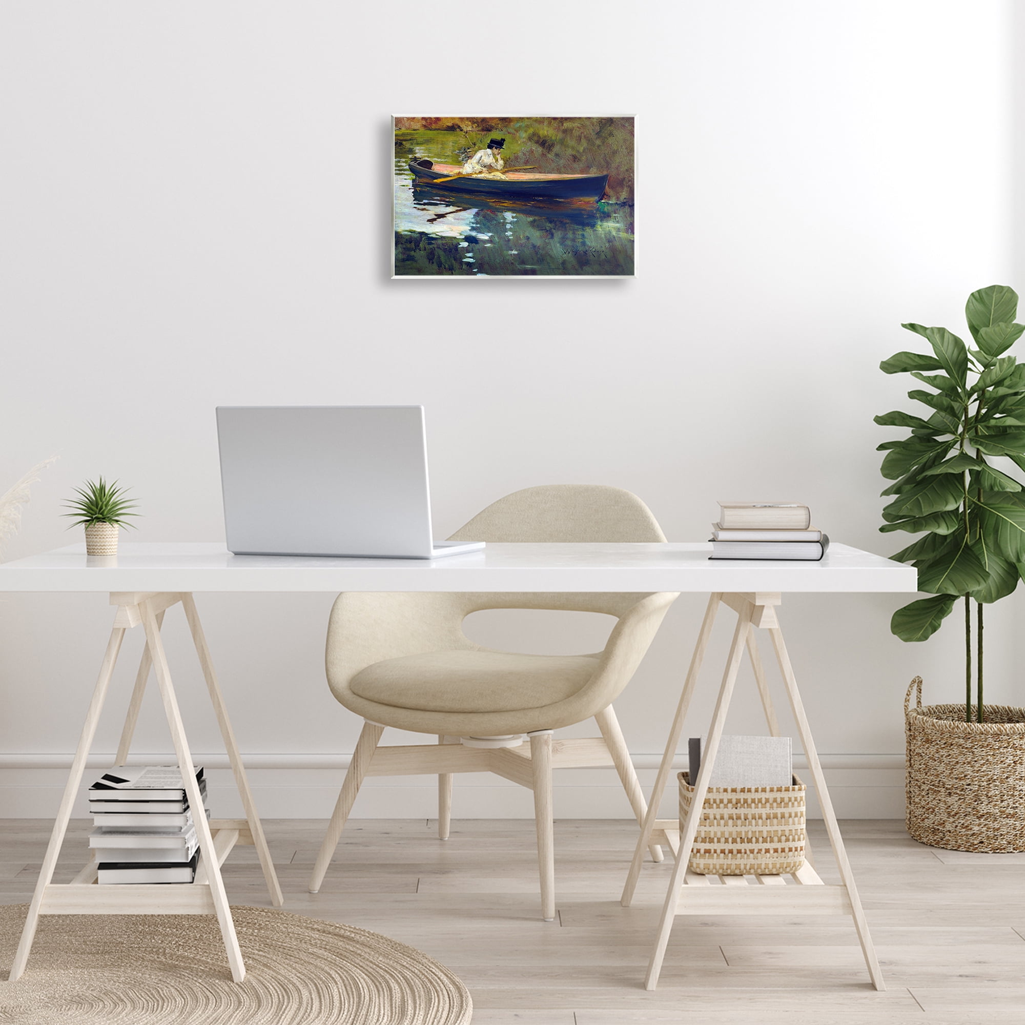 Stupell Industries Thoughtful Woman on Canoe Novelty Painting Unframed Art Print Wall Art, 15 x 10