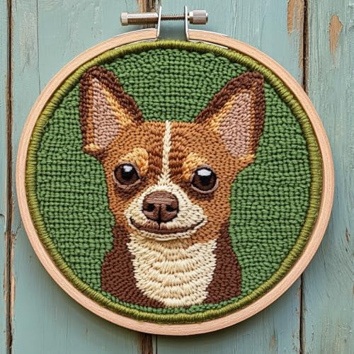 DIY Punch Needle Kits for Beginners Cute Cartoon Brown Chihuahua Dog with Hoop Embroidery Punch Needle Starter Craft Set Easy for Adults and Children Festival Gift and Decoration 20x20cm-1