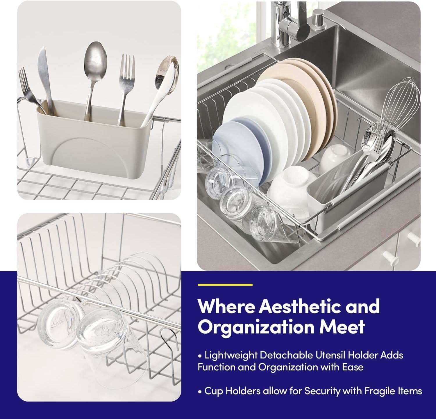 Dish Drying Rack Over The Sink Expandable to 24.5" Dish Drainer — Space-Saving Rectangular Kitchen Extending Drying Station with Utensil Holder, Fits Most Sinks for Easy Dish Organization, Silver