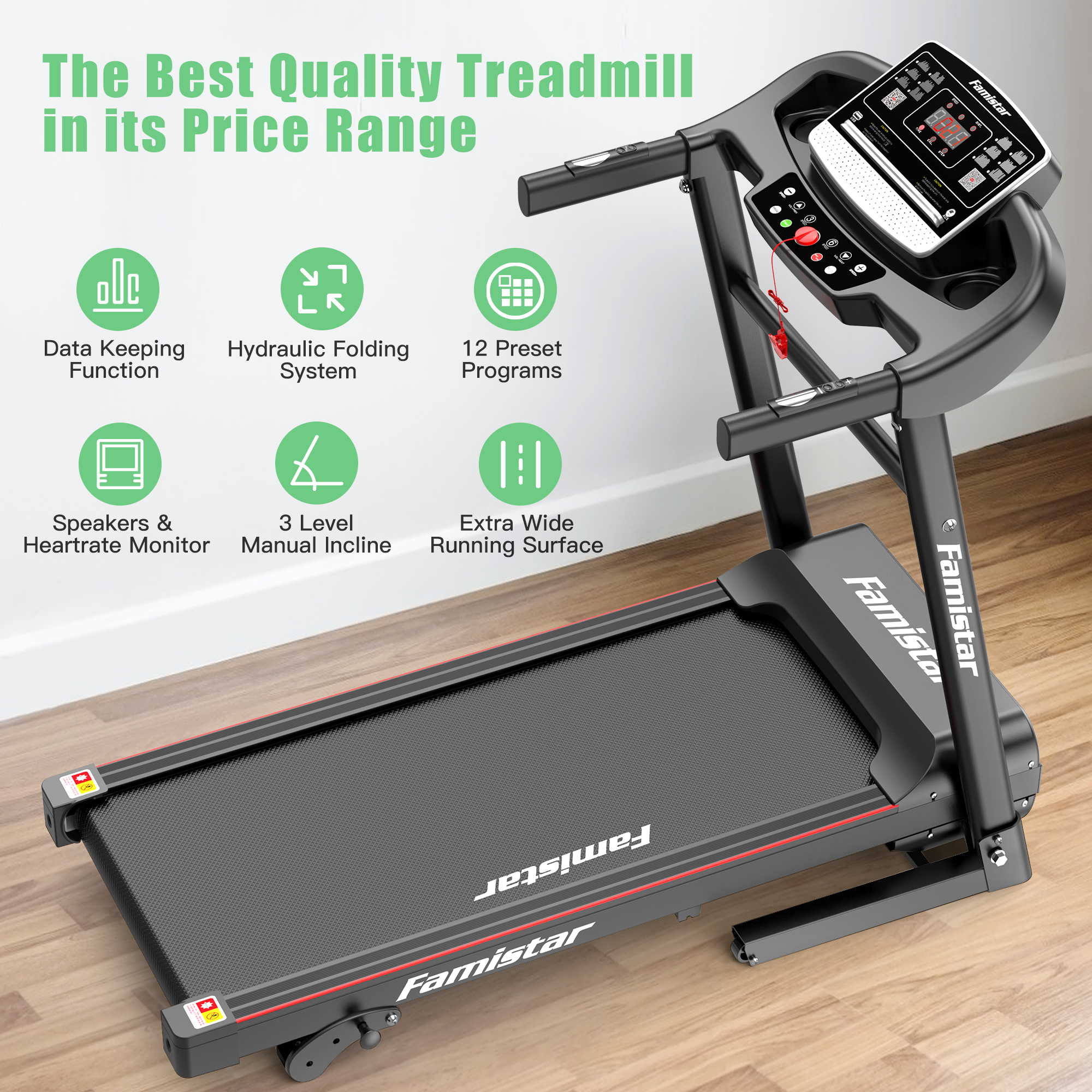 Famistar Folding Incline Treadmill for Home with Smart LCD Display, 265lbs, 12 Programs 3 Modes, MP3 Music Speaker, 2.5HP Electric Foldable Treadmill Running Machine, Knee Strap Gift - image 12 of 15