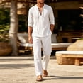 thumbnail image 2 of Men 2 Piece Outfit Set, Lace Up V Neck Long Sleeve Shirt & Elastic Waist Straight Pants, Lightweight Loose Casual Suit White XL(XL), 2 of 5