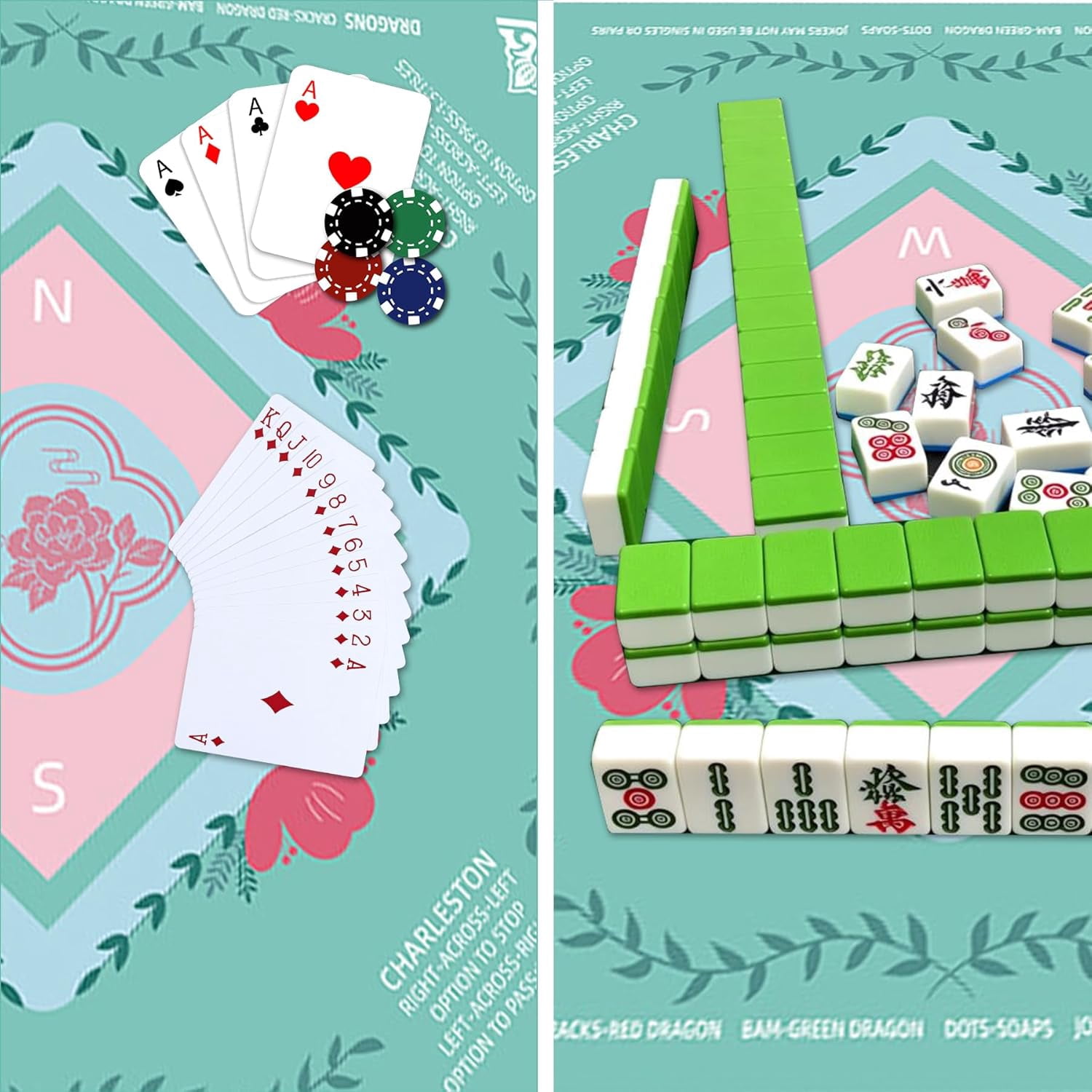 Mahjong Mat for Table Noise Reduction Non Slip Mahjong Table Mat for Playing Card, Blackjack Mahjong Poker,Board Games 31.5"x31.5" Size (Green)