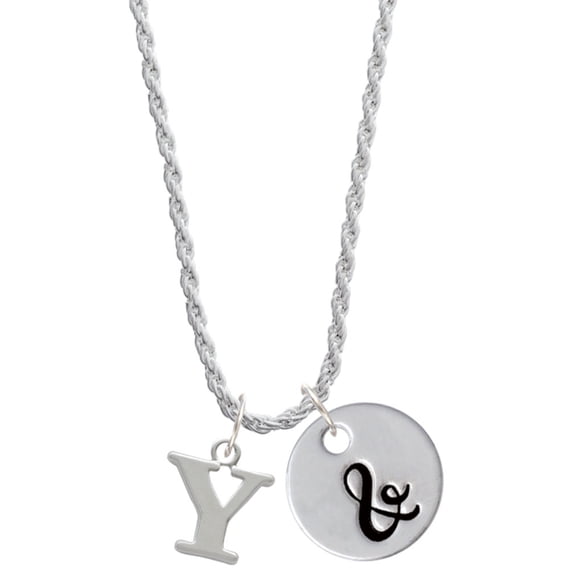 Delight Jewelry Silvertone Large Initial - Y - Silvertone Script Initial Disc - & - Charm Necklace, 20"+3"