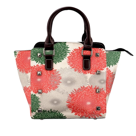 Floral Pattern Rivet Handbag Studded Satchel One-Shoulder Tote Bag for Women