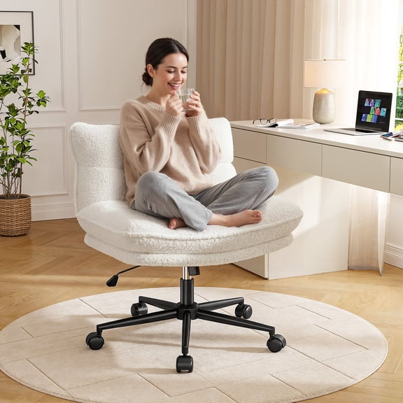 Romorgniz 7" Extra Thick Cross Chair with Wheels Armless Cross Legged Vanity Chair Height Adjustable Desk Chair for Home Office, White