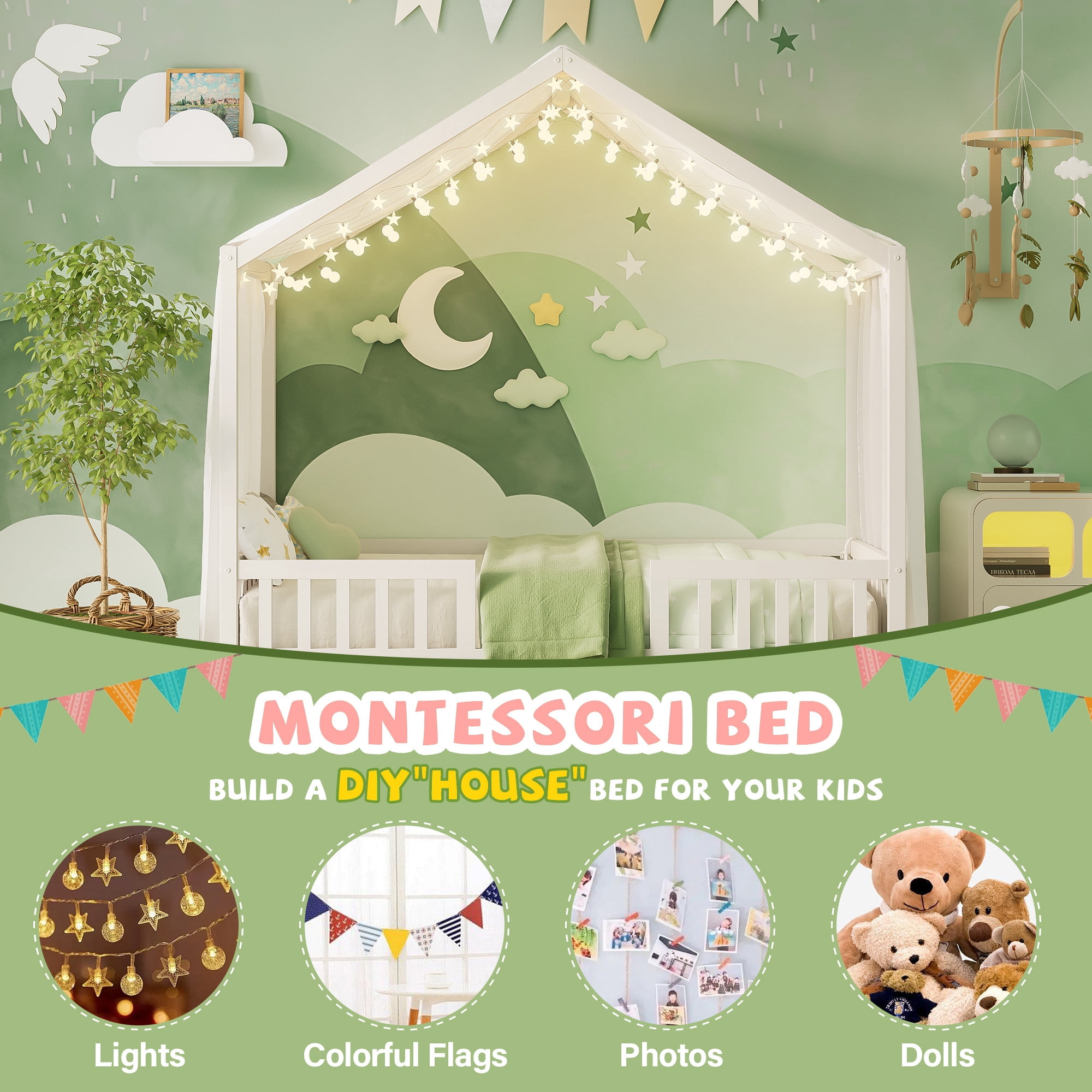 Euroco House Floor Bed with High Railings, Twin Size Kids' Bed with Canopy, White