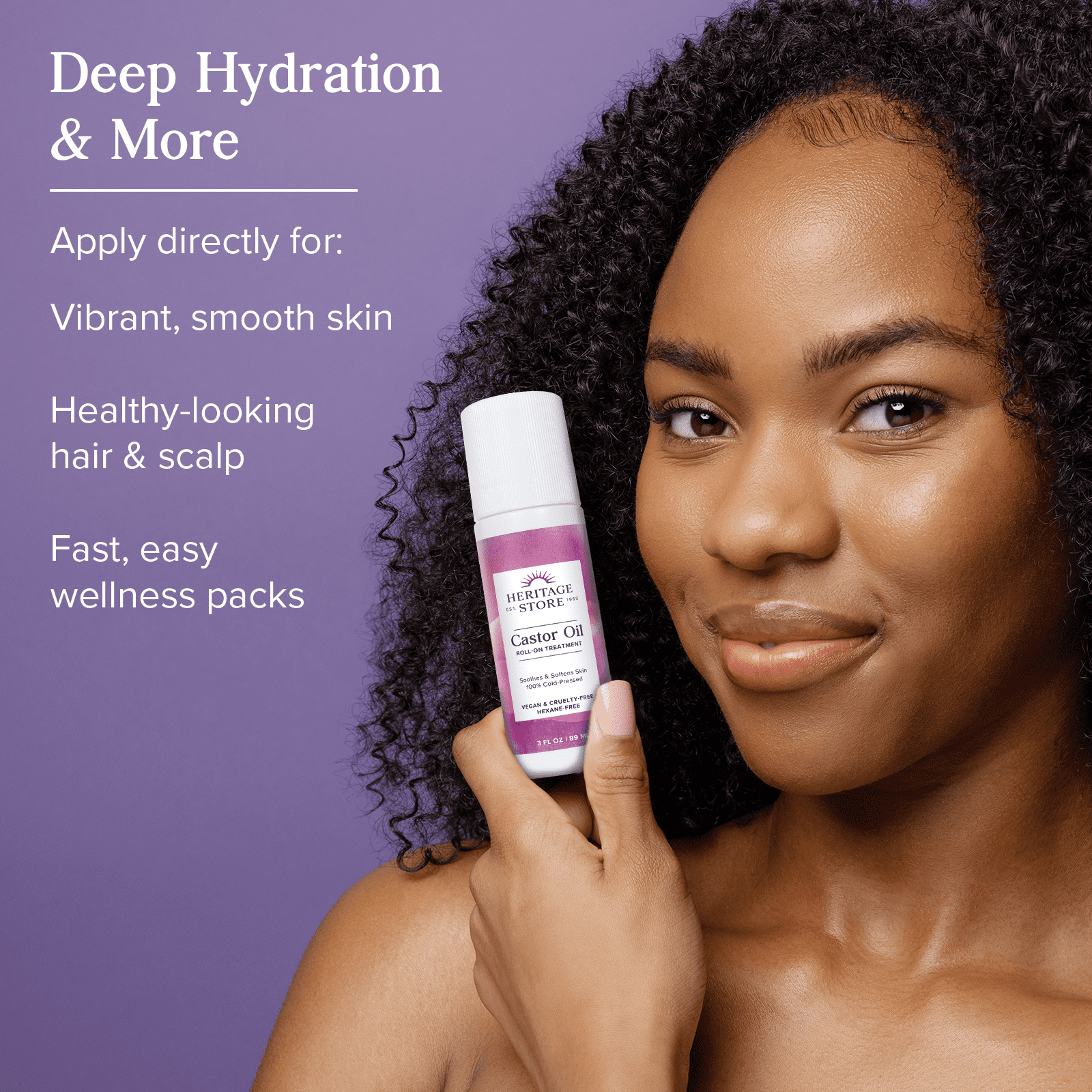 HERITAGE STORE Castor Oil Roll On Nourishing Treatment - Targeted Hydration for Skin Care, Hair Care, Quick and Easy Castor Oil Pack Wrap - Hexane Free, Vegan, Cruelty Free, 60-Day Guarantee, 3oz