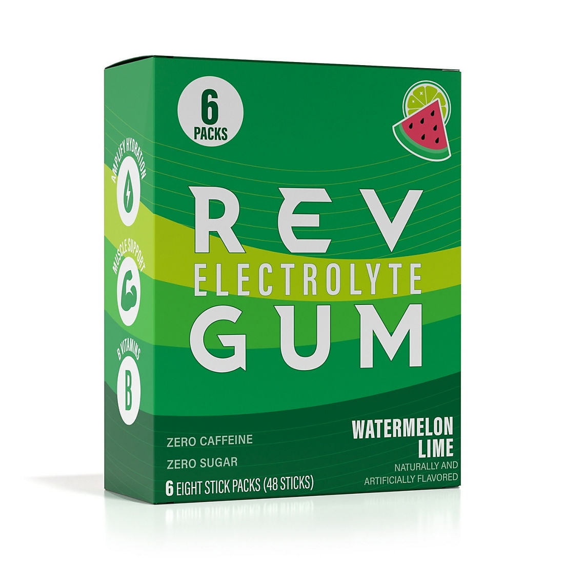 Rev Electrolyte Gum - Watermelon Lime, 8 ct in 6 Packs (48 Sticks total)