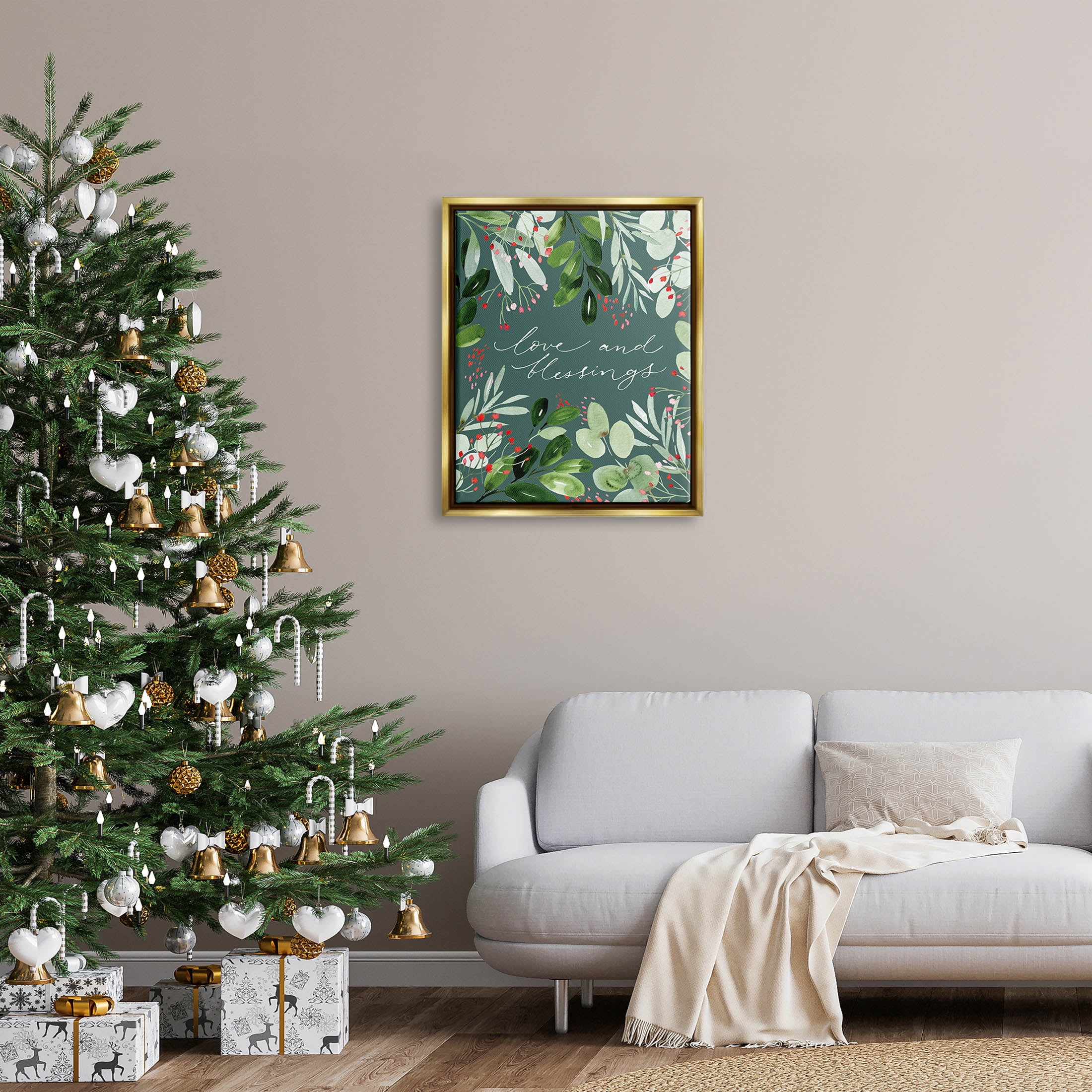 Love & Blessings Green Floral Leaves Holiday Graphic Art Metallic Gold Framed Art Print Wall Art
