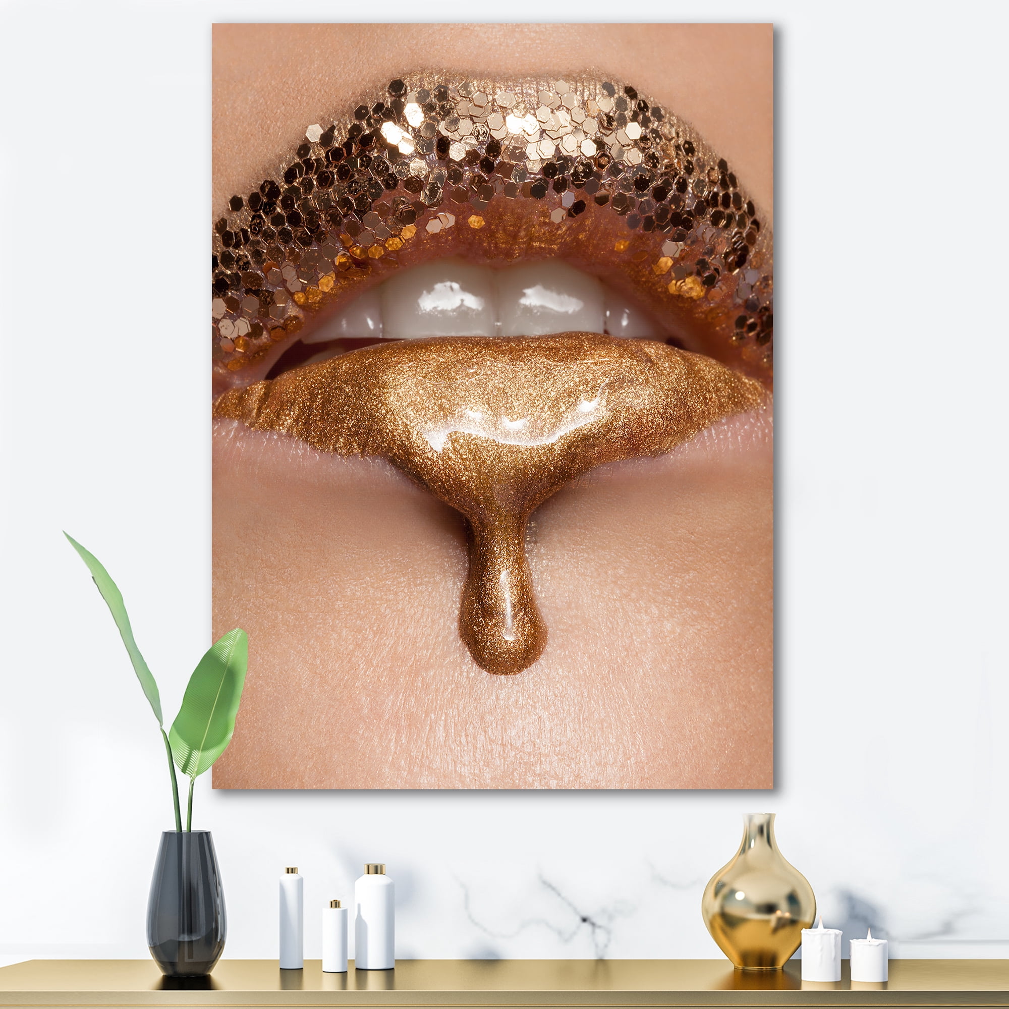 Designart ' Close-Up Of Woman Make-Up Of Gold Liquid Lips ' Modern Canvas Wall Art Print