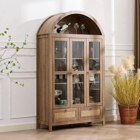 LAZZO 75" Arched Pantry Cabinet with Glass Doors, Rattan Drawers and Anti-Tipping Storage Cupboard for Kitchen and Living Room, Natural Wood